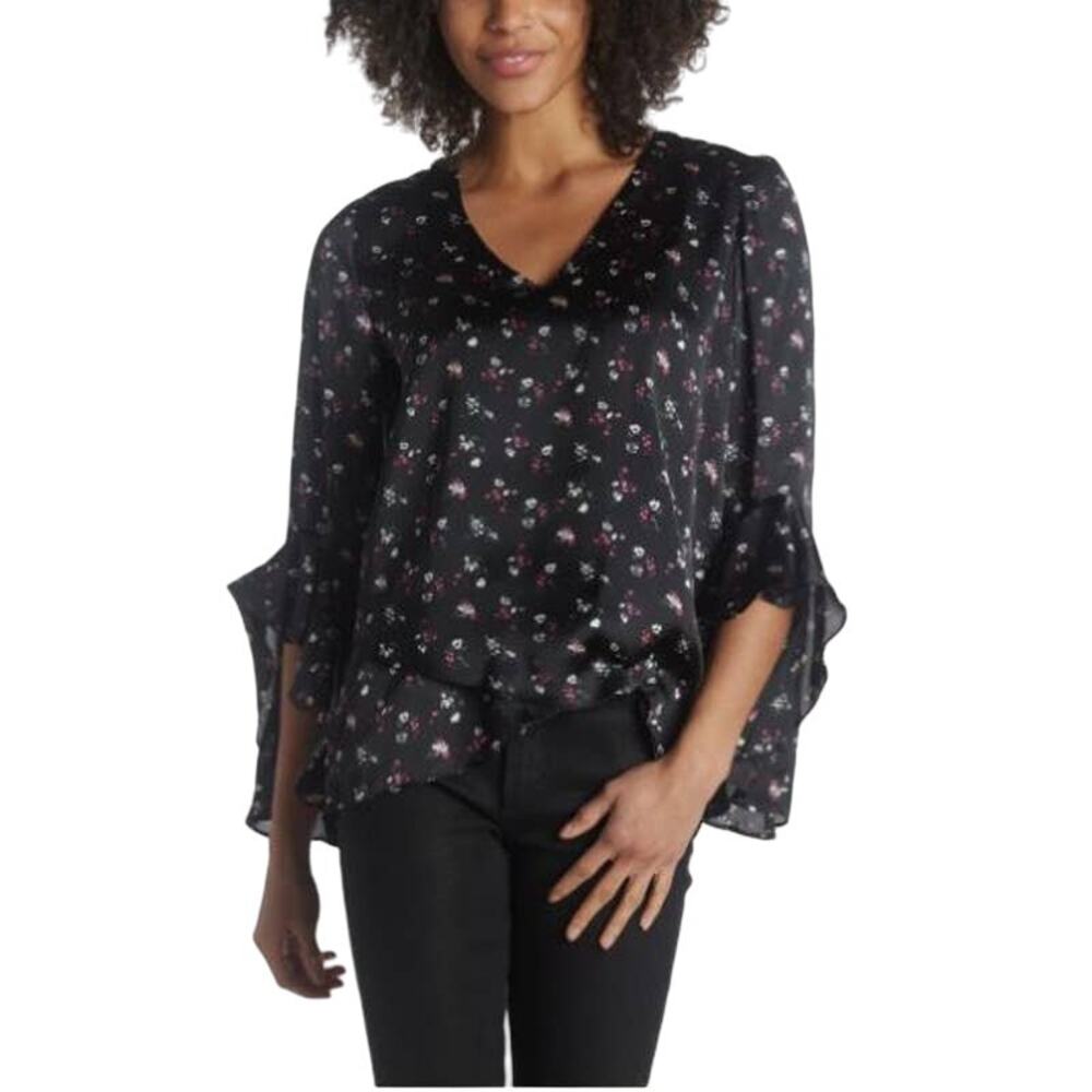 New Vince Camuto Black Floral Boho Ruffle Sleeve Blouse Medium